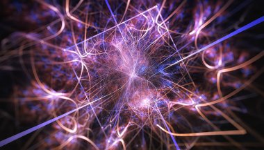 Güzel mavi ve pembe arka plan parlayan parçacıklar ve çizgiler ile alan derinliği ve bokeh. 3D resim, 3d render