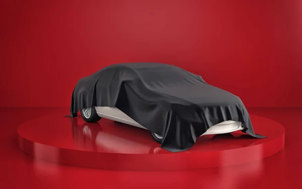 Car presentation in red showroom. 3d rendering — Stock Photo, Image