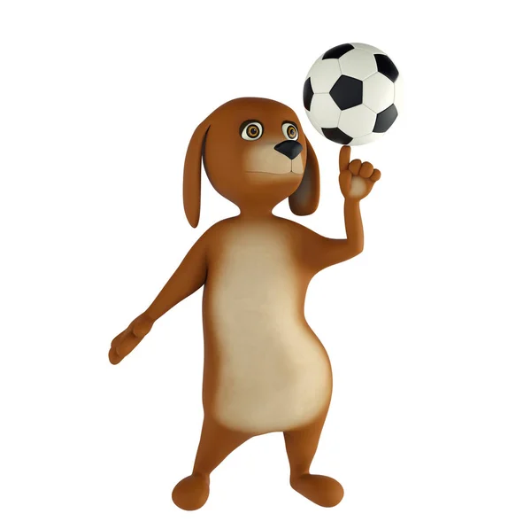 Мультяшный пес играет в футбол. Изолированный на белом фоне. 3D рендеринг — стоковое фото