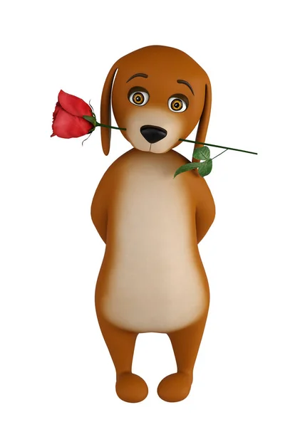 Dibujos animados perro de San Valentín con una rosa roja en la boca, aislado sobre fondo blanco. 3d renderizar — Foto de Stock