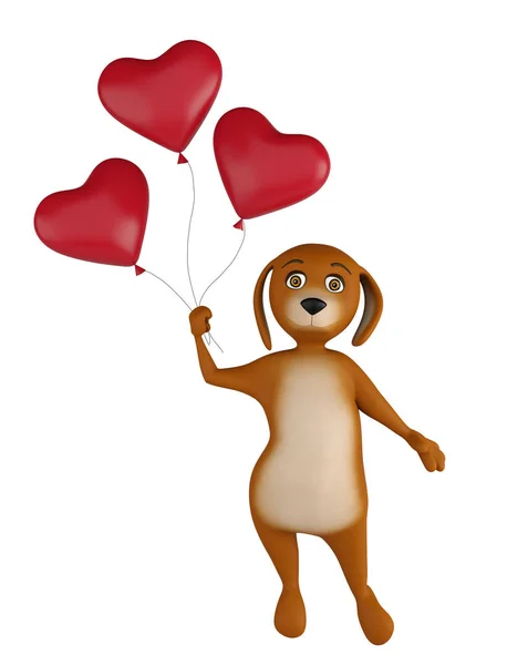 A cute lover valentine cartoon dog with a red heart baloons isolated on white background. 3d rendering
