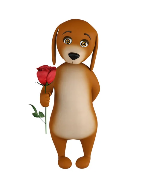 Cartoon valentines Hund mit einer roten Rose in der Hand, isoliert auf weißem Hintergrund. 3D-Darstellung — Stockfoto