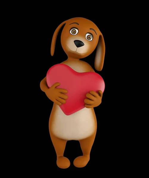 Roztomilý milence psa Kreslený Valentýna s červeným srdcem izolované na černém pozadí. 3D vykreslování — Stock fotografie