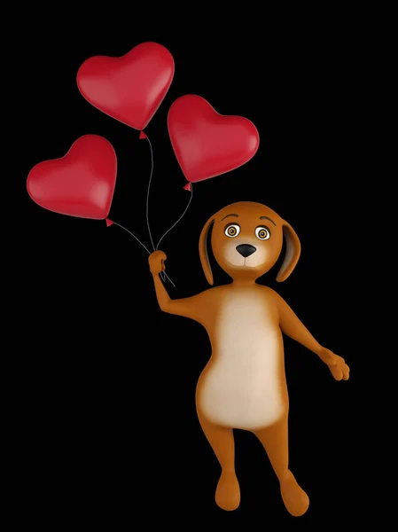 Roztomilý milence valentine kreslený pes s balónky červené srdce izolované na černém pozadí. 3D vykreslování — Stock fotografie