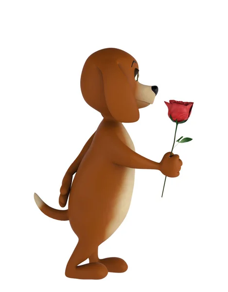 Niedlichen Liebhaber valentine Hund mit Rose isoliert auf weißem Hintergrund. 3D-Darstellung — Stockfoto