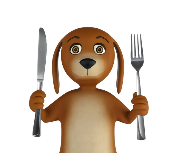 Hladová kreslený pes s nožem a vidličkou. Izolované na bílém pozadí. 3D vykreslování — Stock fotografie