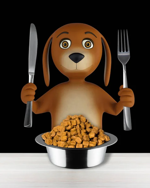 Pies kreskówka miska sucha karma posiada nóż i widelec. na białym na czarnym tle. renderowania 3D — Zdjęcie stockowe