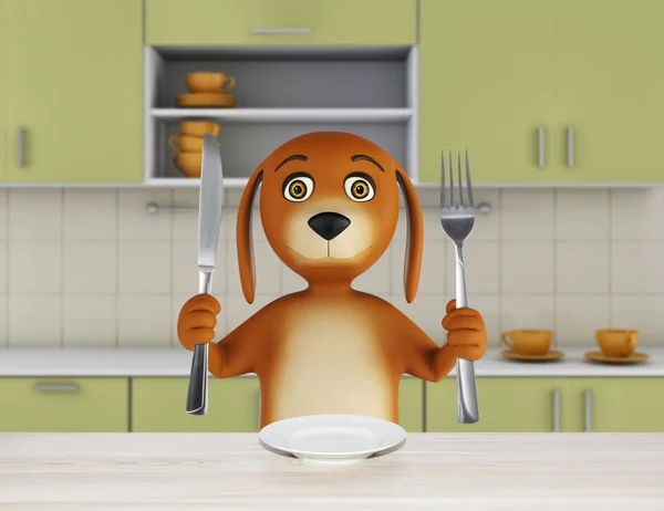 Hungry cartoon dog with empty bowl holds a knife and fork. 3d render