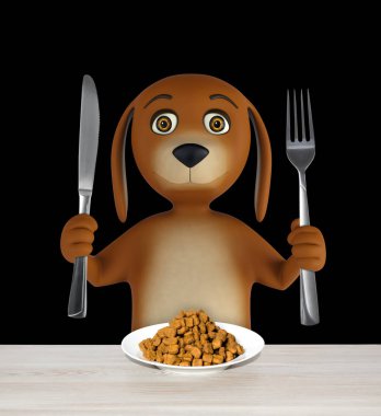 Karikatür köpek kase kuru gıda ile bıçak ve çatal tutar. siyah arka plan üzerine izole. 3D render