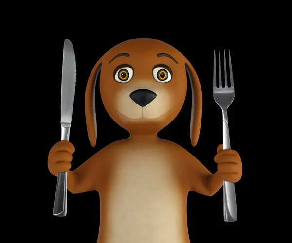 Hungry cartoon dog with knife and fork. Isolated on black background. 3d render