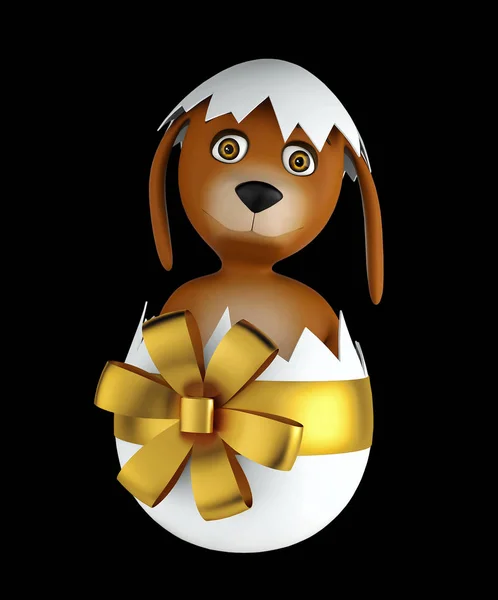 可爱的卡通狗坐在复活节彩蛋孤立在黑色背景。3d 渲染 — 图库照片