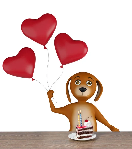Valentines dog holding heart baloons -- isolated on white background. 3d render