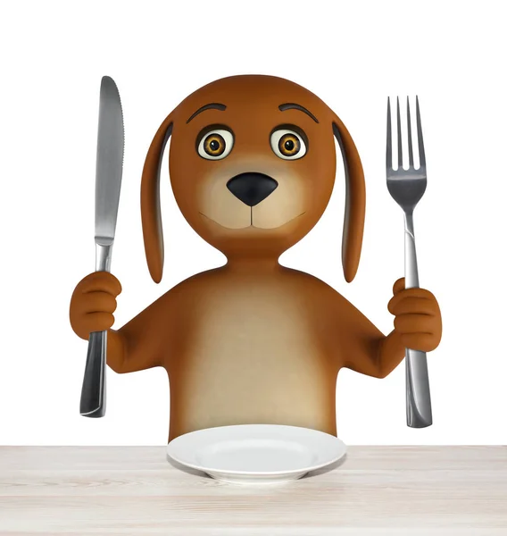 Hladová kreslený psa s prázdnou mísu drží nůž a vidličku. izolované na bílém pozadí. 3D vykreslování — Stock fotografie