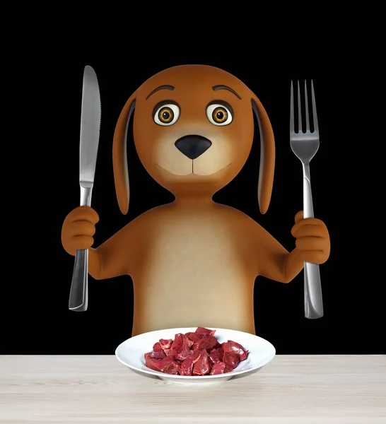 Cartoon dog with bowl of meat holds a knife and fork. isolated on black background. 3d render