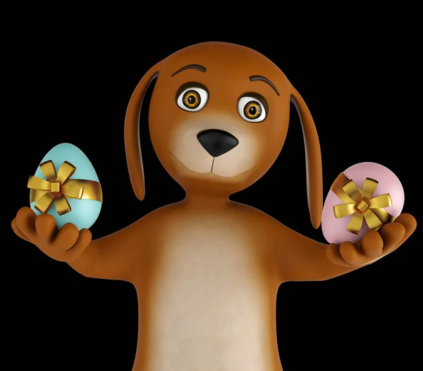 Lindo perro de dibujos animados con huevos de Pascua aislados sobre fondo negro. 3d renderizar — Foto de Stock