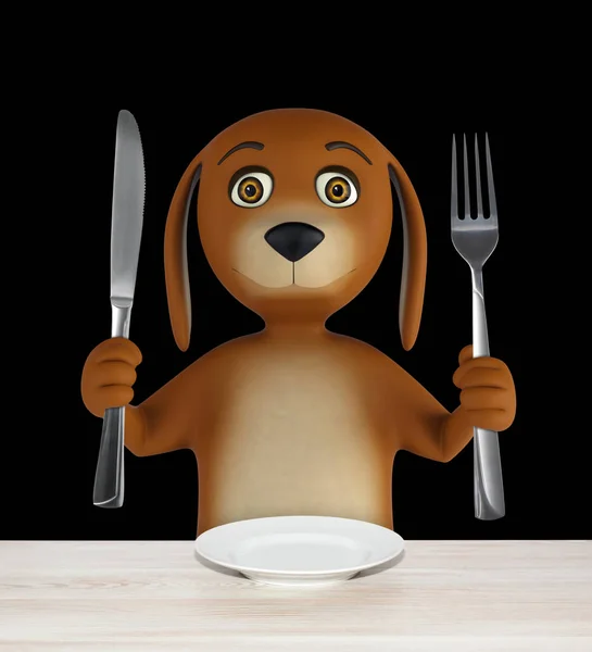 Hungry cartoon dog with empty bowl holds a knife and fork. isolated on black background. 3d render