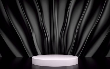 Duvarda siyah ipek perdelik ve kumaş. 3d render