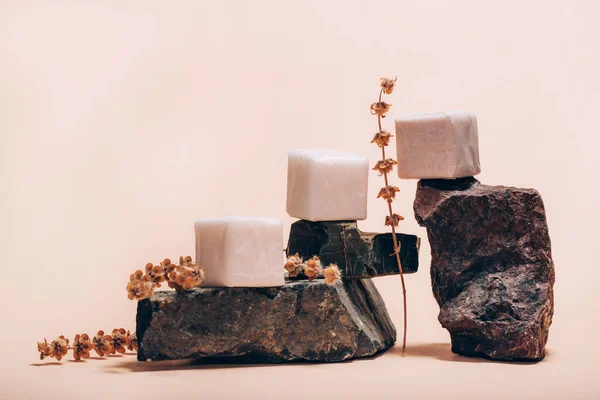 Diferentes tipos de barras de jabón en pedestales de piedra con hierbas secas sobre fondo rosa. — Foto de Stock