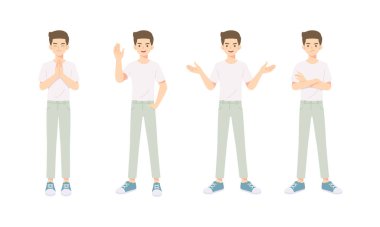 Birçok pozdaki genç adam koleksiyonu, resimleme için akıllı karakter kullanımı, izole edilmiş vektör