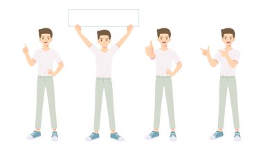 Birçok pozdaki genç adam koleksiyonu, resimleme için akıllı karakter kullanımı, izole edilmiş vektör