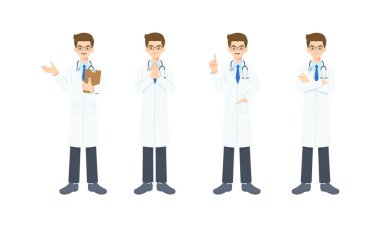 Birçok pozdan oluşan iş birliğindeki genç doktorların toplanması, Coronavirus durumu veya hastane veya sağlıklı konsept için basit karakter, izole vektör çizimi