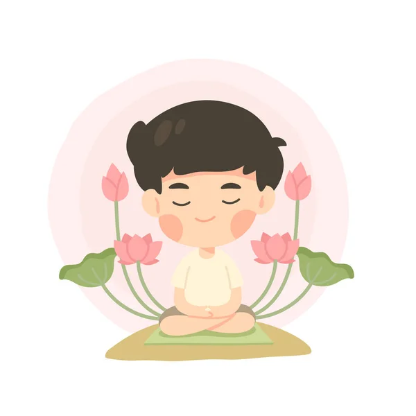 Leuke Jonge Jongen Cartoon Meditatie Pose Geïsoleerde Vector Illustratie — Stockvector