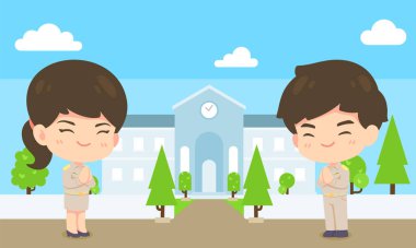 Şirin bir hükümet çalışanı, kawaii erkeği ve kadın maskot karakteri ofis arka planında resimleme için kullanılıyor.