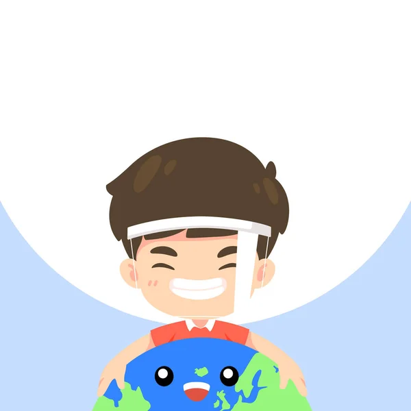 Dünyaya sarılıp gülümseyen sevimli çocuk, kawaii maskotu.