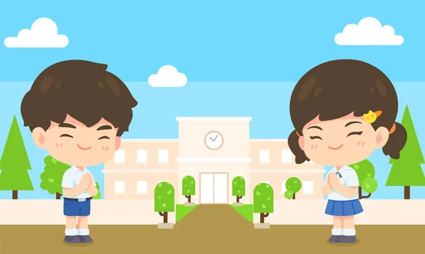 Erkek ve kız öğrenci maaş paylaşımında Kawaii çizgi film maskotu karakterinin okul arkaplanı illüstrasyonunda