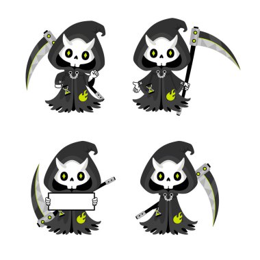 Cadı, kawaii maskotlu şirin Azrail seti. Cadılar bayramı tanıtım vektörü illüstrasyonu için karakter kullanımı.