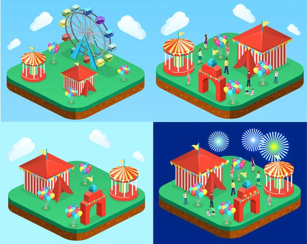Bannières Ville Avec Des Carrousels Dans Parc Attractions — Image vectorielle