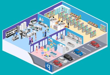 izometrik iç ekipmanları mağaza alışveriş alışveriş merkezi, bakkal, bilgisayar, ev içi. Düz 3d illüstrasyon vektör