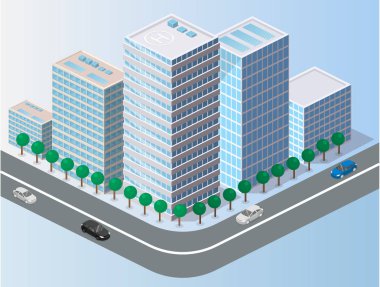 İzometrik düz 3d konsept vektör şehir üç boyutlu yaz kasaba çeyrek. Gökdelenler, daire, ofis, ev ve sokak