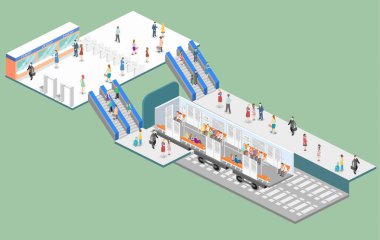 İzometrik düz 3d konsept metro Metro tren vagonu, iç. Metro İstasyonu, vektör çizim