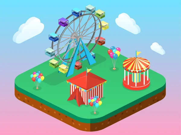 Isométrico Plana Concepto Vector Ciudad Banner Con Carrusel Parque Atracciones — Vector de stock