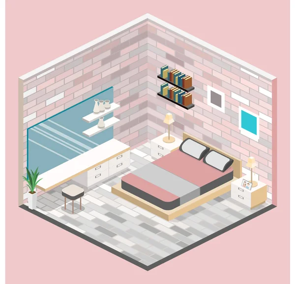 Diseño Moderno Dormitorio Estilo Isométrico Ilustración Plana — Vector de stock