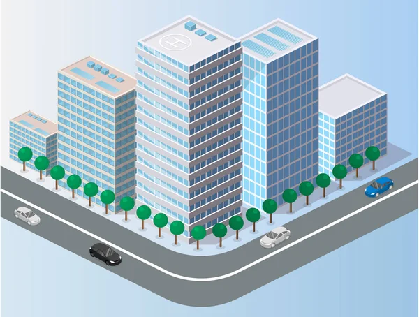 Isométrico Plano Concepto Vectorial Ciudad Tridimensional Ciudad Verano Trimestre Rascacielos — Vector de stock