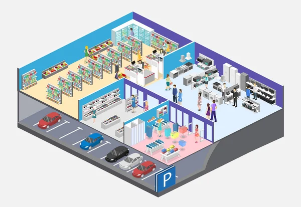 Isometric Interior Shopping Mall Grocery Computers Household Equipment Store — Stock Vector