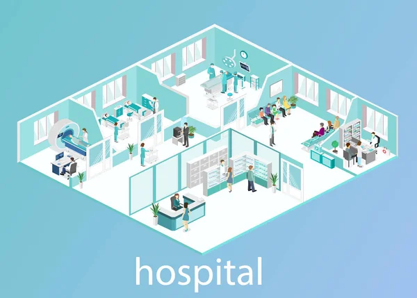 Interior Isométrico Habitación Del Hospital Farmacia Consultorio Médico Sala Espera — Vector de stock