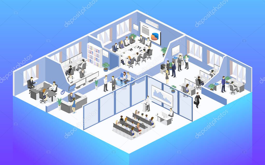 Isometric abstract office floor interior departments concept