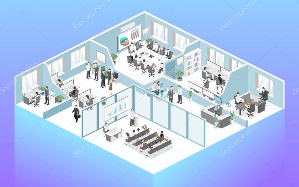 Isometric abstract office floor interior departments concept