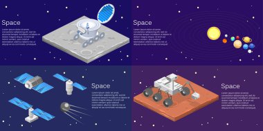 Ay, güneş sistemi, gezegenler, uyduların yüzeyine bir ay rover izometrik düz 3d çizimi