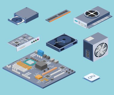 Bilgisayar çipi teknoloji işlemci devre ve bilgisayar anakart bilgi sistemi izometrik düz 3d çizimi