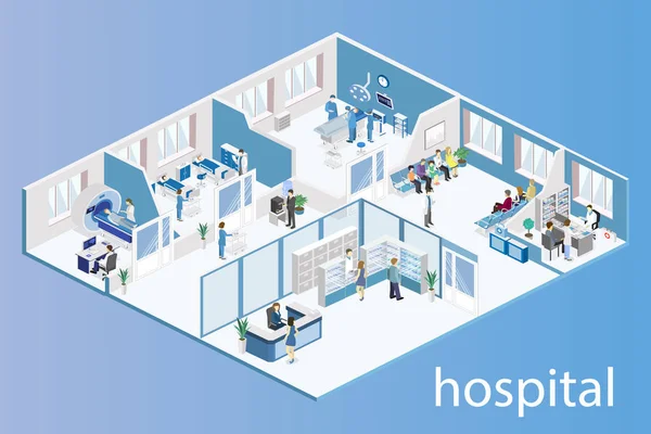 Isométrico Interior Plano Habitación Hospital Farmacia Consultorio Médico Sala Espera — Archivo Imágenes Vectoriales