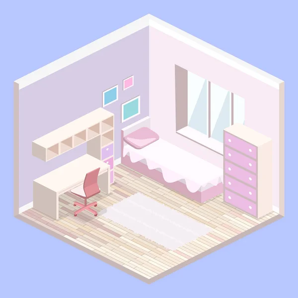 Illustration Plane Isométrique Intérieur Filles Chambre Rose Intérieur — Image vectorielle