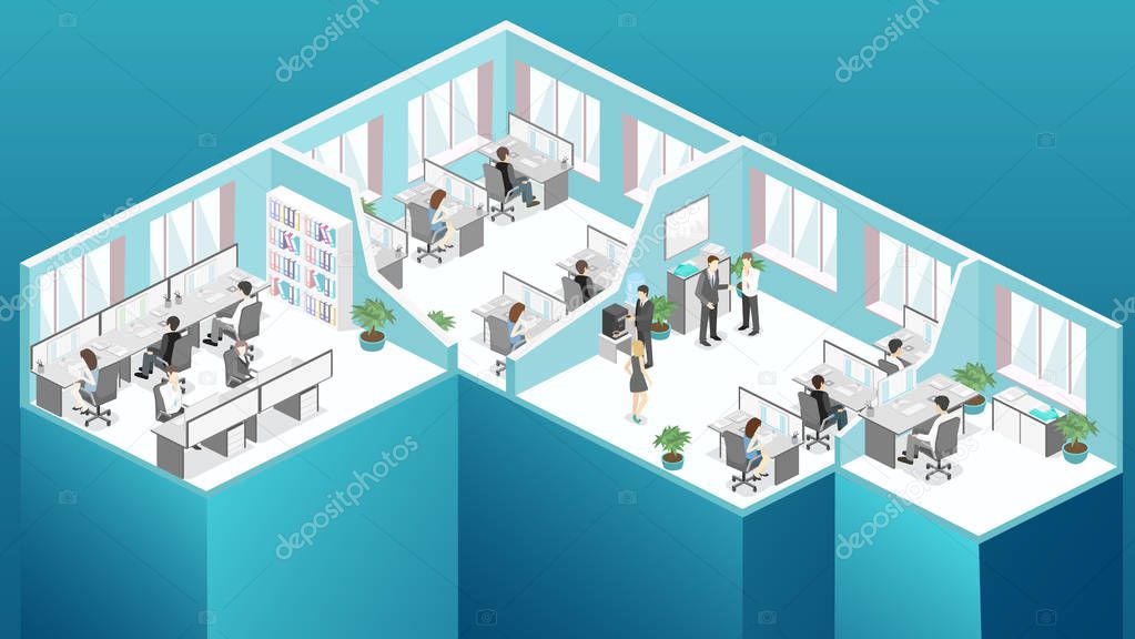 Isometric flat 3d abstract office interior. conference hall, offices, workplaces, director of the office interior