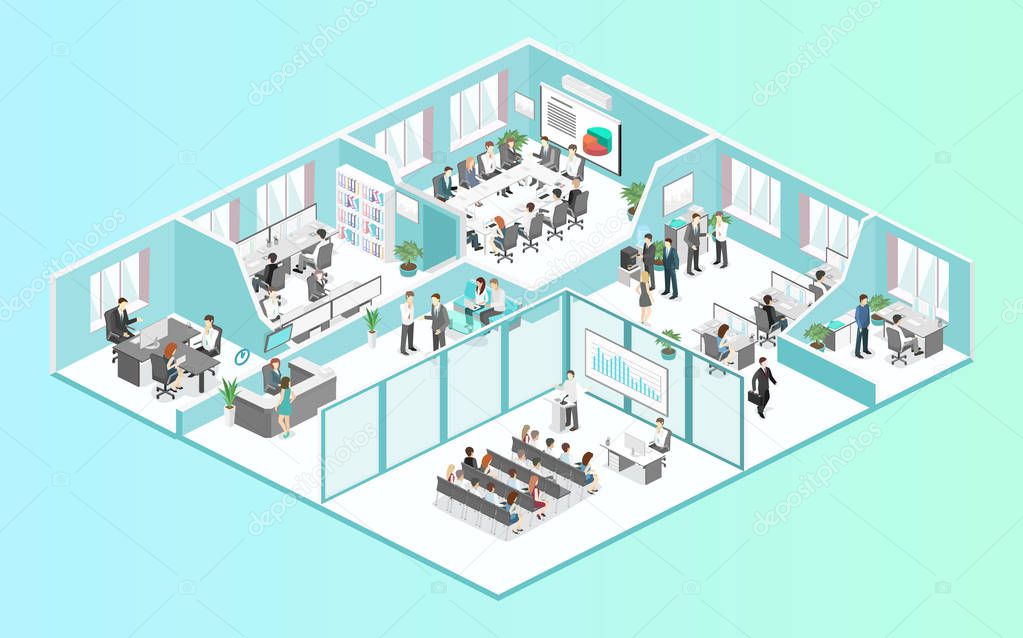Isometric flat 3d abstract office interior. conference hall, offices, workplaces, director of the office interior