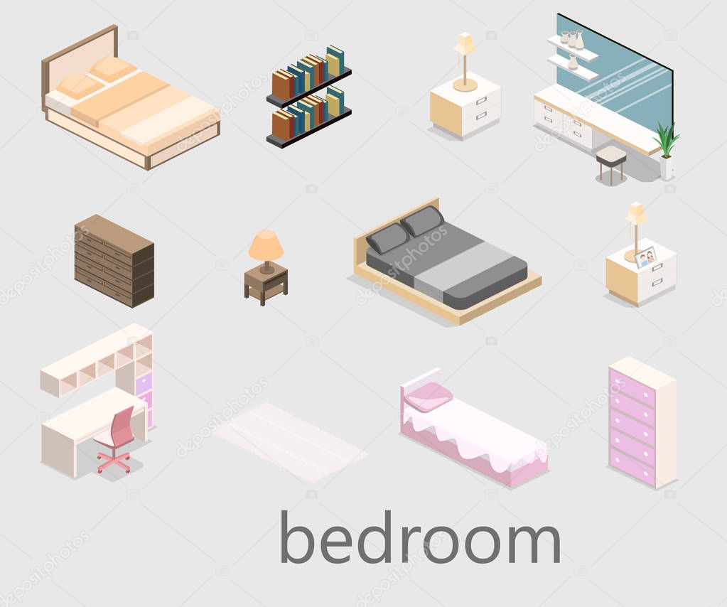 modern bedroom design in isometric style. Flat 3D illustration