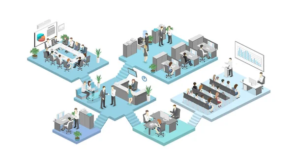 Isométrica Plana Abstrato Escritório Piso Interiores Departamentos Conceito Vetor Sala — Vetor de Stock