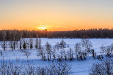 Güneş kışın bir ormanın arkasında bir tarla ve ağaçlar üzerinde battı